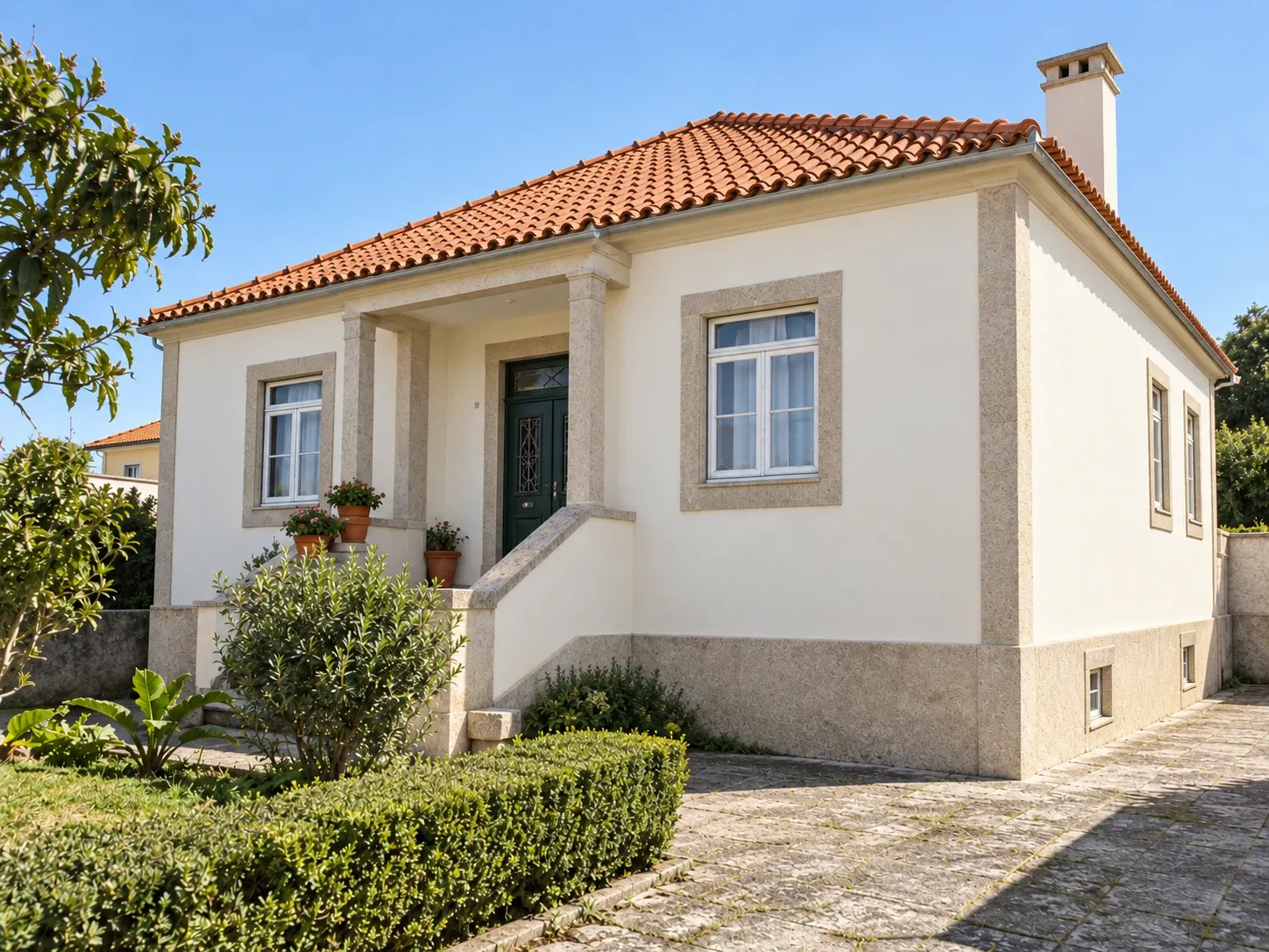 Fachada de moradia com o reboco reparado e pintura exterior nova