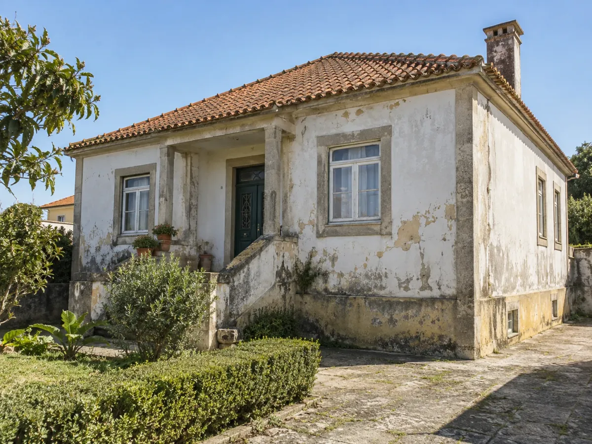 Fachada de moradia com o reboco a descascar e manchas de humidade junto ao chão
