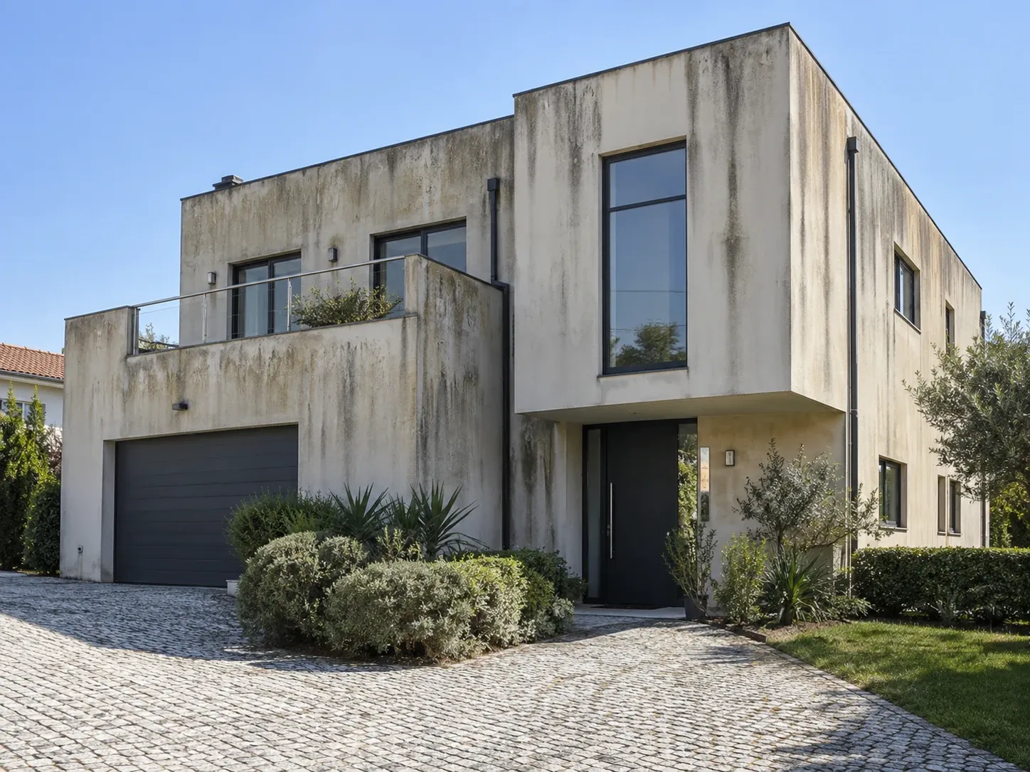 Fachada de moradia contemporânea com escorrências verdes e paramento sujo