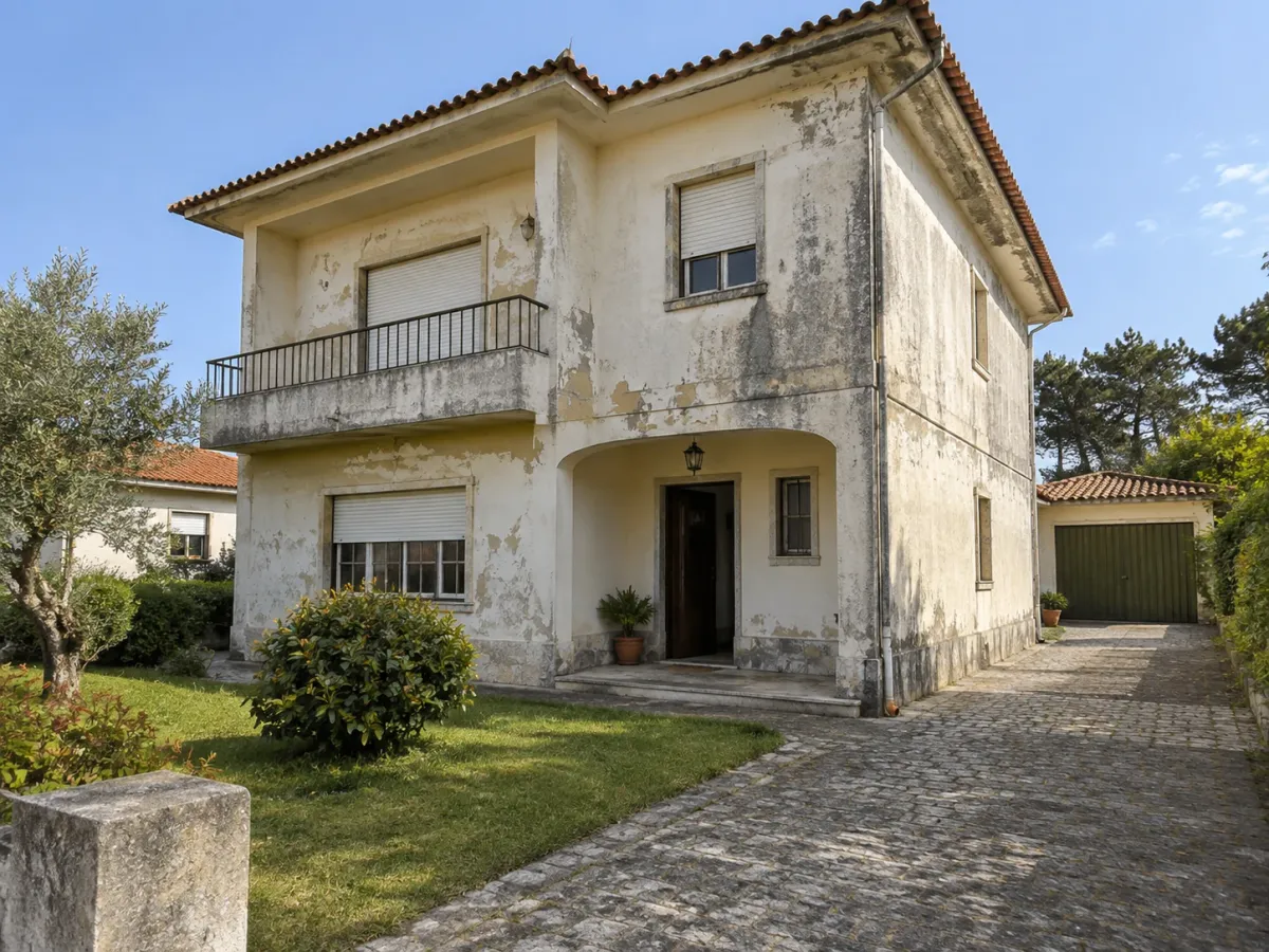 Fachada de moradia com varanda, com a tinta envelhecida e o paramento manchado