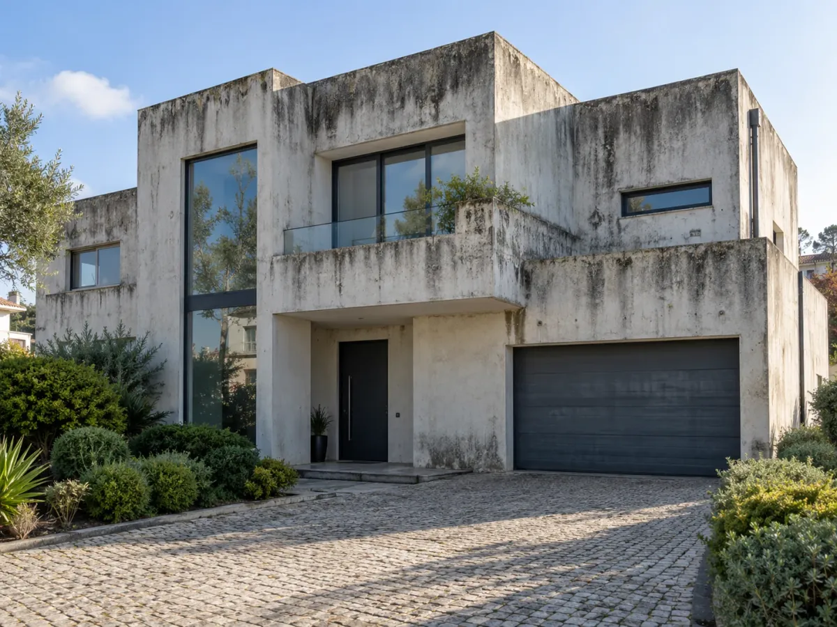 Fachada de moradia moderna de volumes simples, escurecida por algas e escorrências