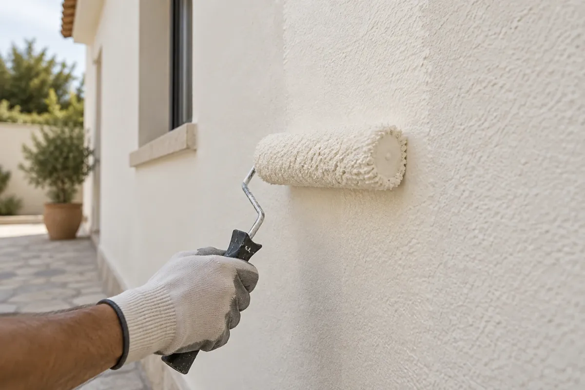 Rolo a aplicar um acabamento claro numa parede exterior preparada