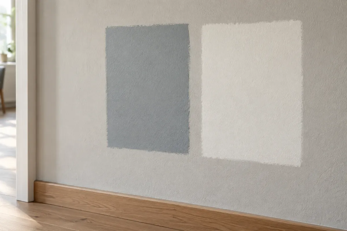 Exemplo de amostras de tinta azul acinzentada e branco quente numa parede interior