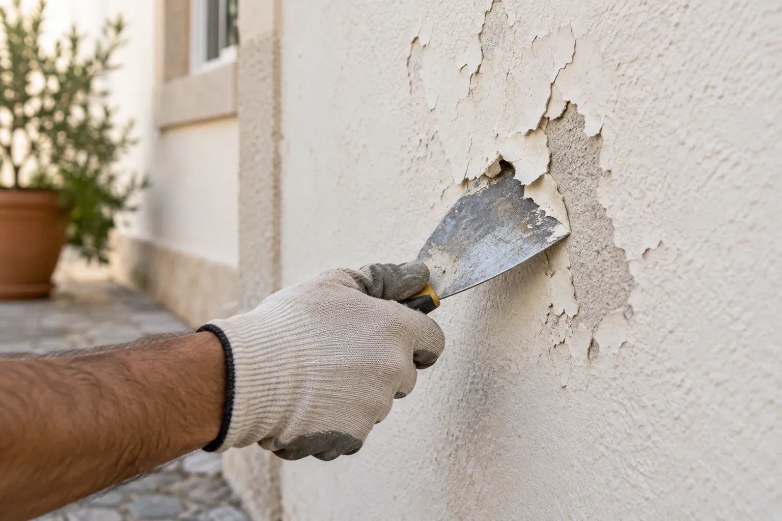 Mão com luva a retirar tinta exterior solta com uma espátula