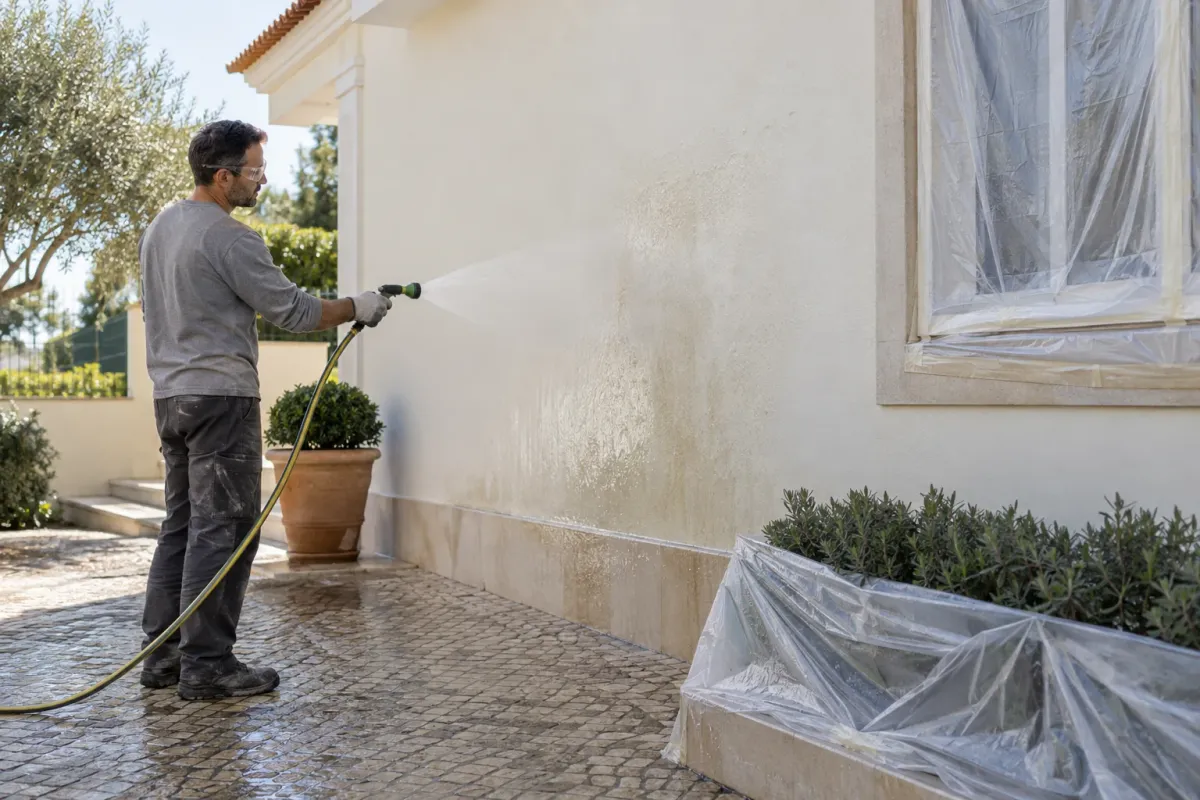 Exemplo de lavagem controlada de uma fachada com janela e vegetação protegidas
